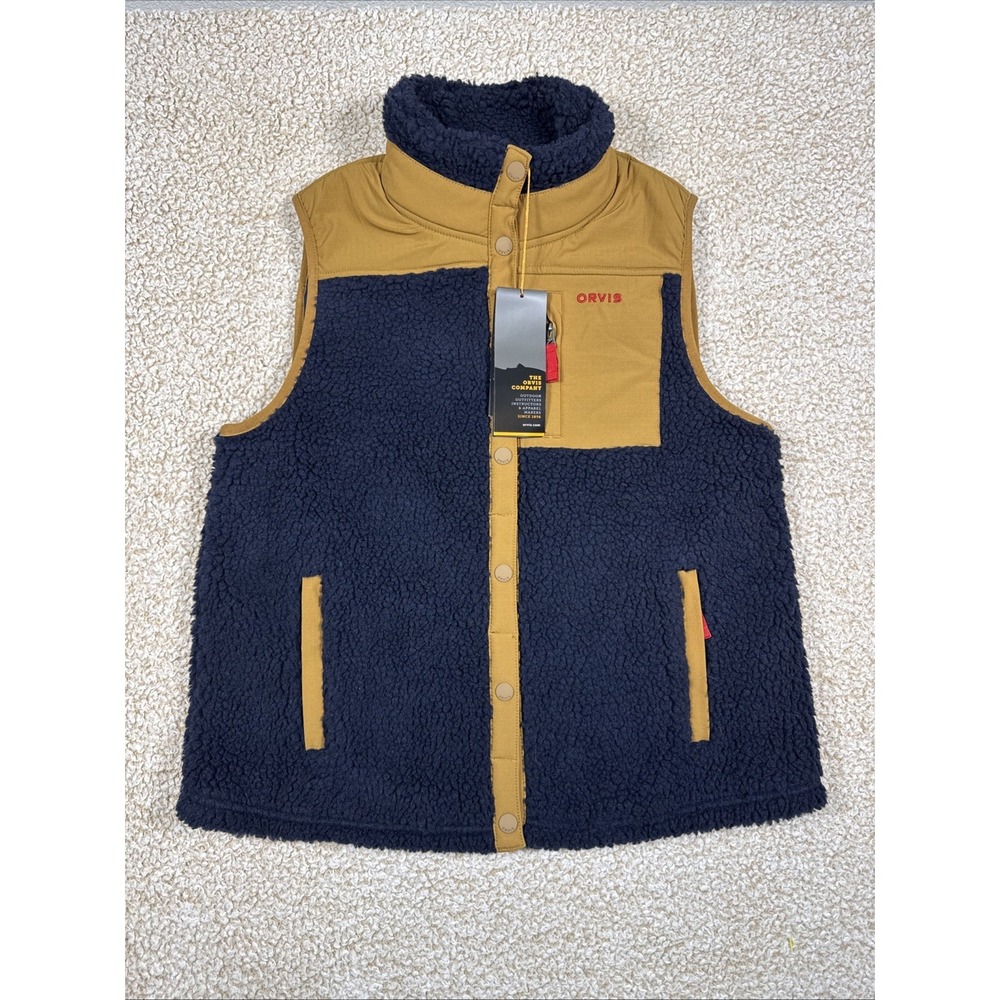 NWT Orvis Sherpa Fleece Vest Snap Button Men's S Navy Blue Outdoor Hiking